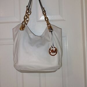 Michael Kors White Shoulder Bag with Gold Accents
